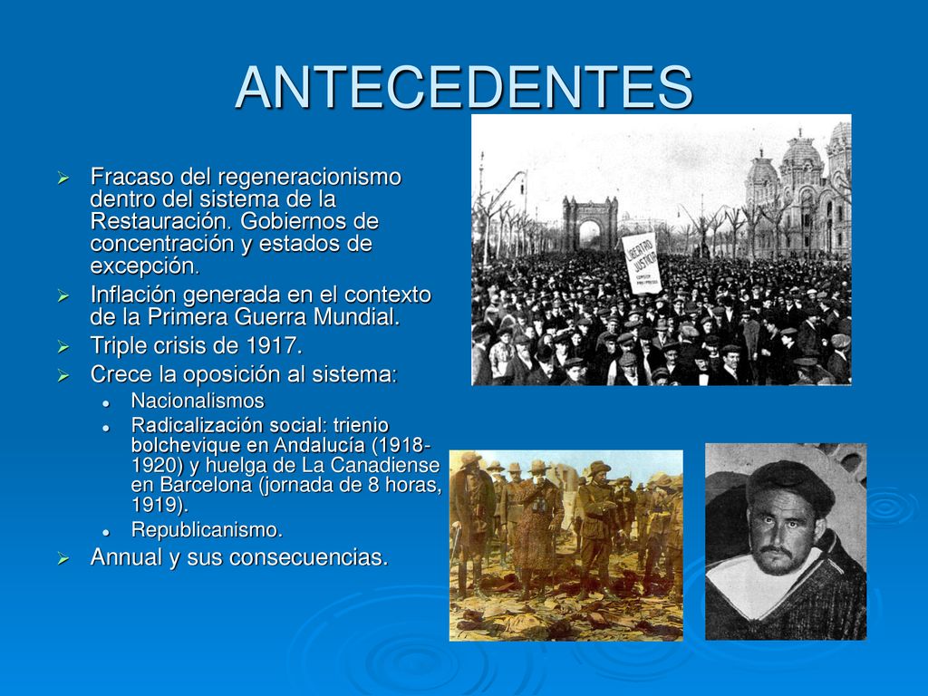 ANTECEDENTES Fracaso del regeneracionismo dentro del sistema de la Restauración. Gobiernos de concentración y estados de excepción.