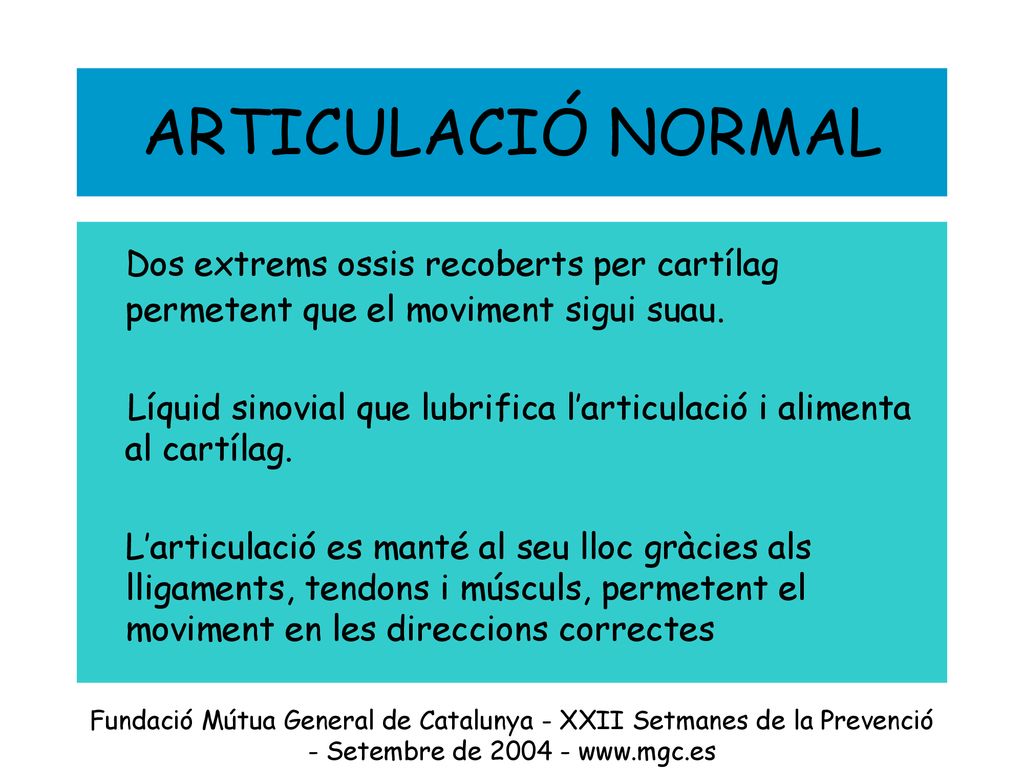ARTICULACIÓ NORMAL Dos extrems ossis recoberts per cartílag permetent que el moviment sigui suau.