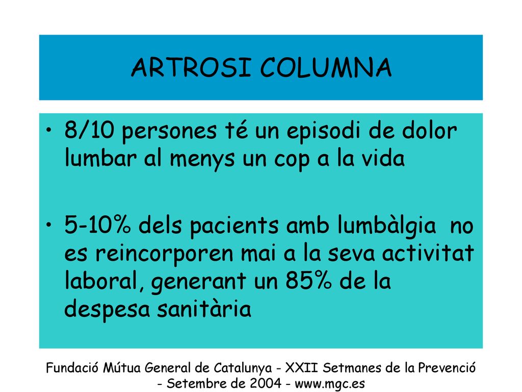 ARTROSI COLUMNA 8/10 persones té un episodi de dolor lumbar al menys un cop a la vida.