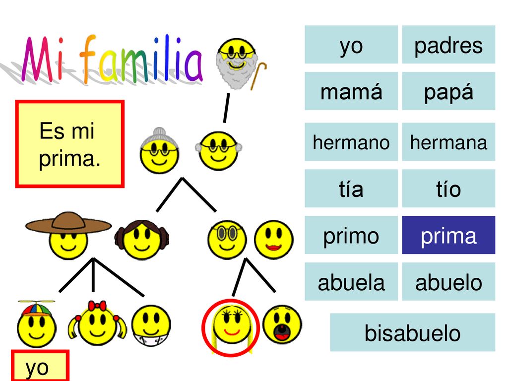 Mi familia yo padres mamá papá Es mi prima. tía tío primo prima abuela