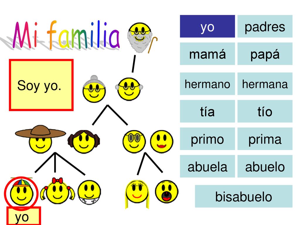Mi familia yo padres mamá papá Soy yo. tía tío primo prima abuela