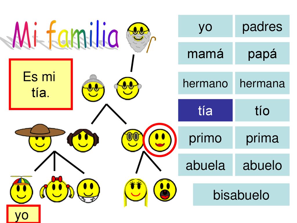 Mi familia yo padres mamá papá Es mi tía. tía tío primo prima abuela