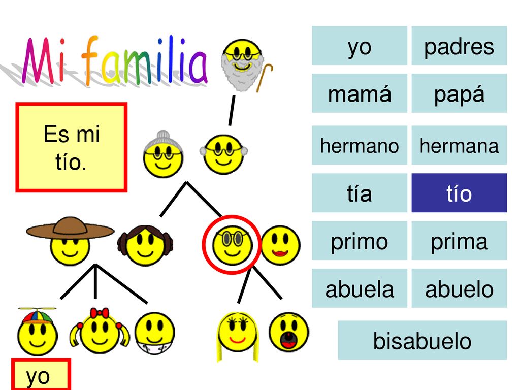 Mi familia yo padres mamá papá Es mi tío. tía tío primo prima abuela