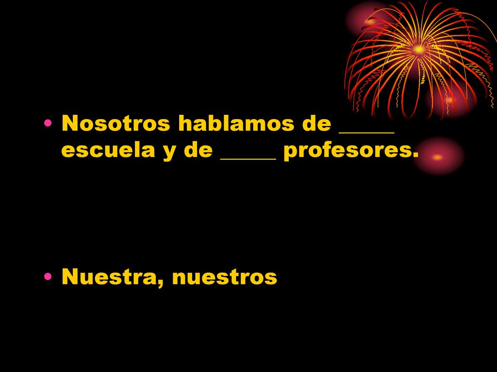 Nosotros hablamos de _____ escuela y de _____ profesores.