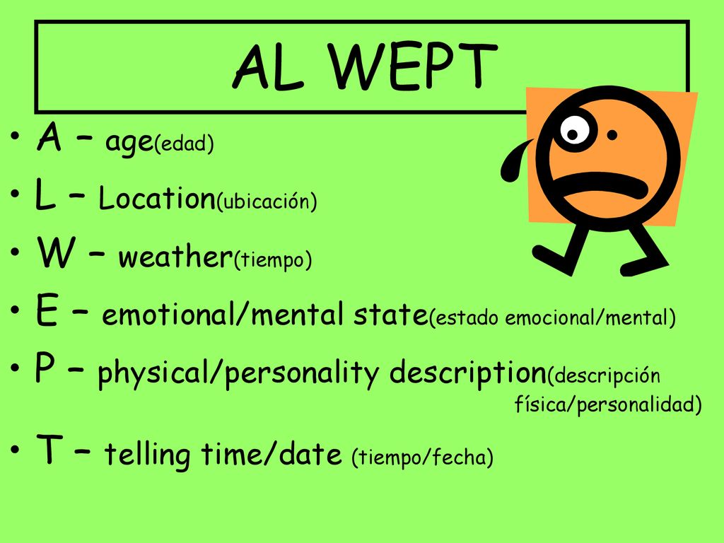 AL WEPT A – age(edad) L – Location(ubicación) W – weather(tiempo)