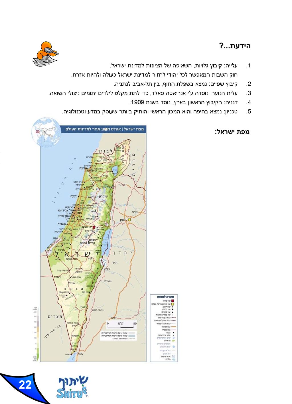 הידעת... עלייה: קיבוץ גלויות, השאיפה של הציונות למדינת ישראל. חוק השבות המאפשר לכל יהודי לחזור למדינת ישראל כעולה ולהיות אזרח.