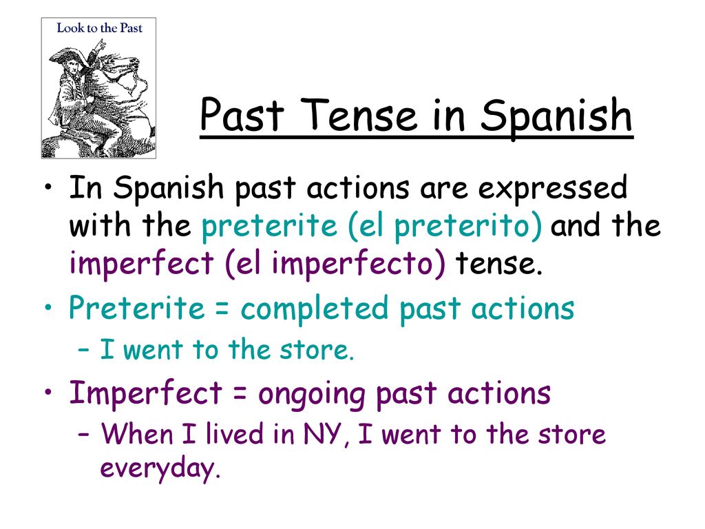Past Tense in Spanish In Spanish past actions are expressed with the preterite (el preterito) and the imperfect (el imperfecto) tense.