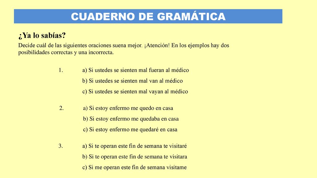 ¿Ya lo sabías Decide cuál de las siguientes oraciones suena mejor. ¡Atención! En los ejemplos hay dos posibilidades correctas y una incorrecta.