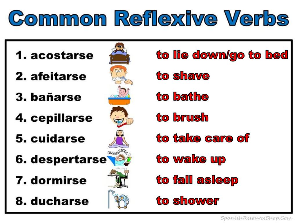 to lie down/go to bed to shave. to bathe. to brush. to take care of. to wake up. to fall asleep.