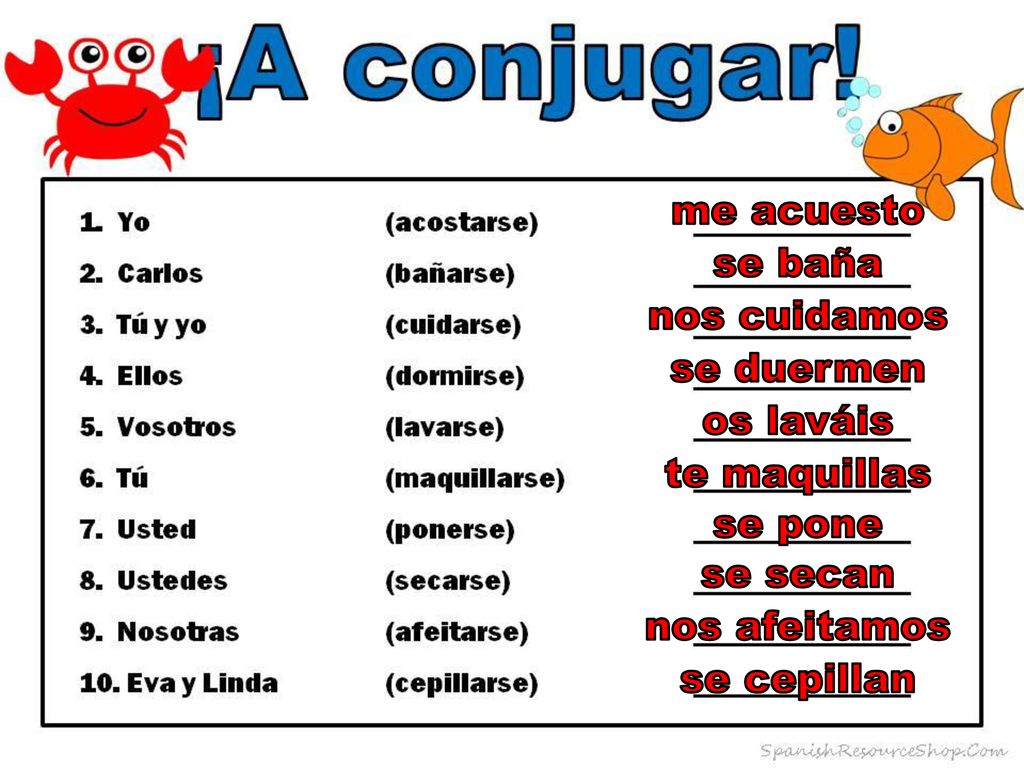 me acuesto se baña. nos cuidamos. se duermen. os laváis. te maquillas. se pone. se secan. nos afeitamos.