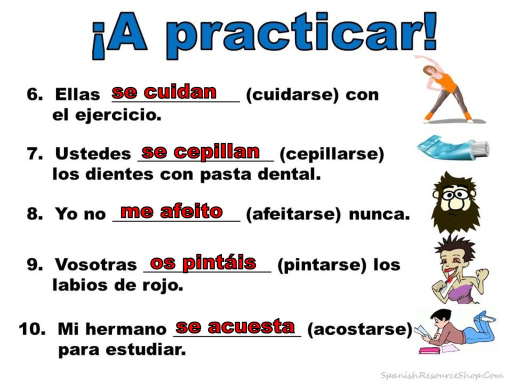 se cuidan se cepillan me afeito os pintáis se acuesta