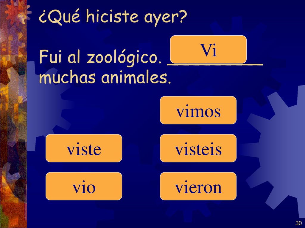 ¿Qué hiciste ayer Fui al zoológico. _________ muchas animales.