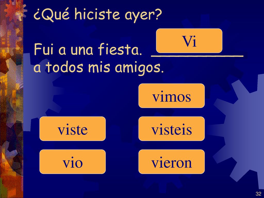 ¿Qué hiciste ayer Fui a una fiesta. __________ a todos mis amigos.