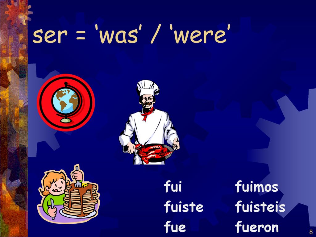 ser = ‘was’ / ‘were’ fui fuiste fue fuimos fuisteis fueron