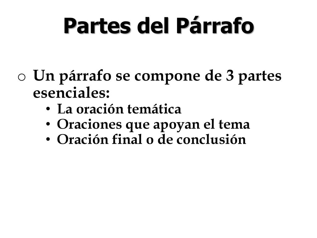 Partes del Párrafo Un párrafo se compone de 3 partes esenciales: