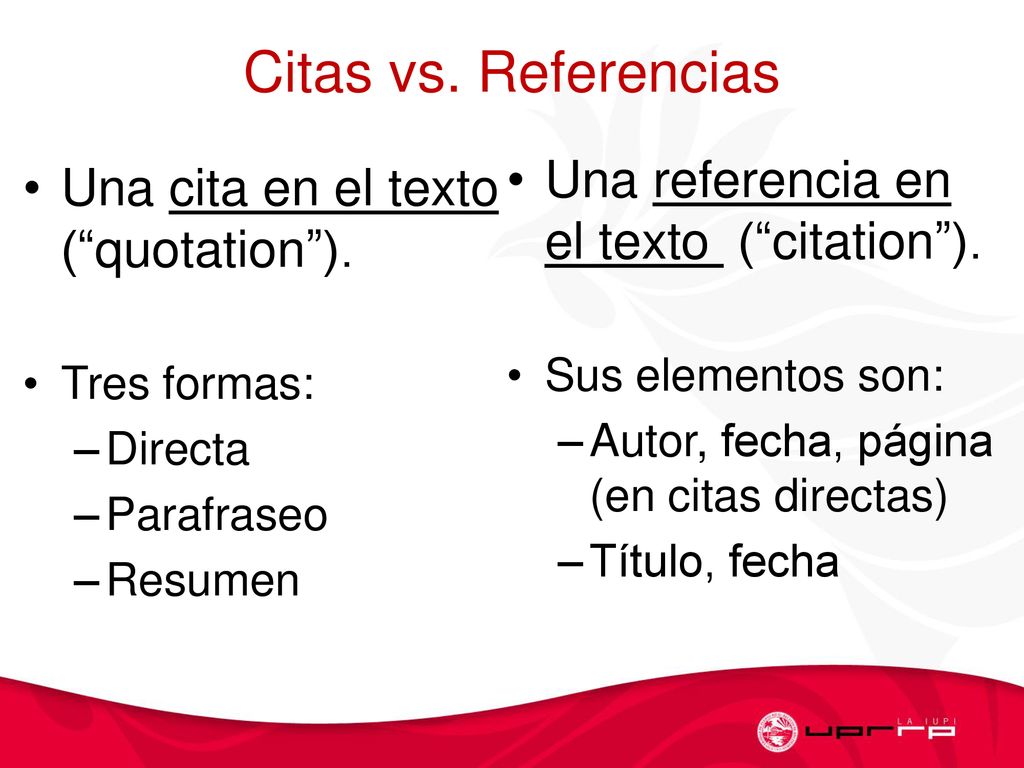 Citas vs. Referencias Una referencia en el texto ( citation ).