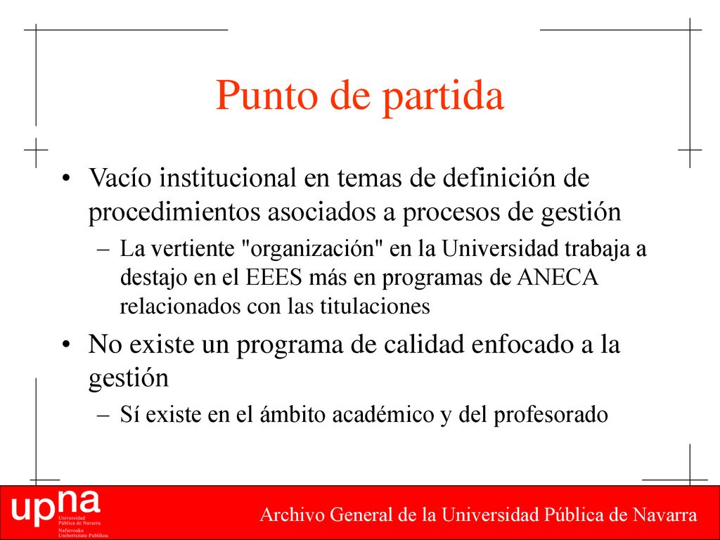 Punto de partida Vacío institucional en temas de definición de procedimientos asociados a procesos de gestión.