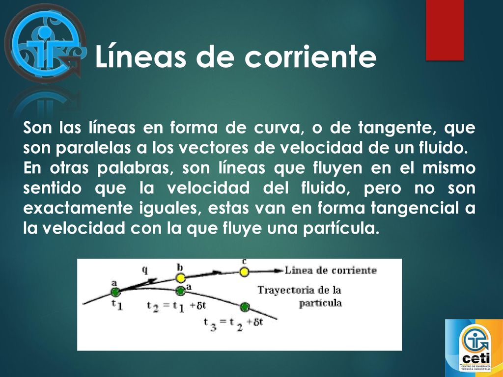 Líneas de corriente Son las líneas en forma de curva, o de tangente, que son paralelas a los vectores de velocidad de un fluido.