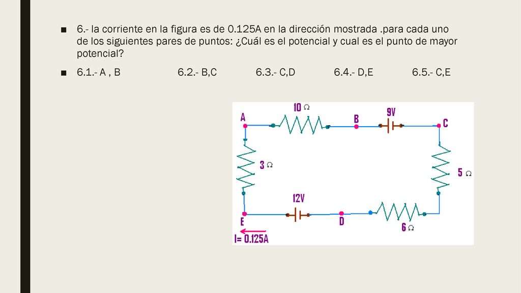 6. - la corriente en la figura es de A en la dirección mostrada