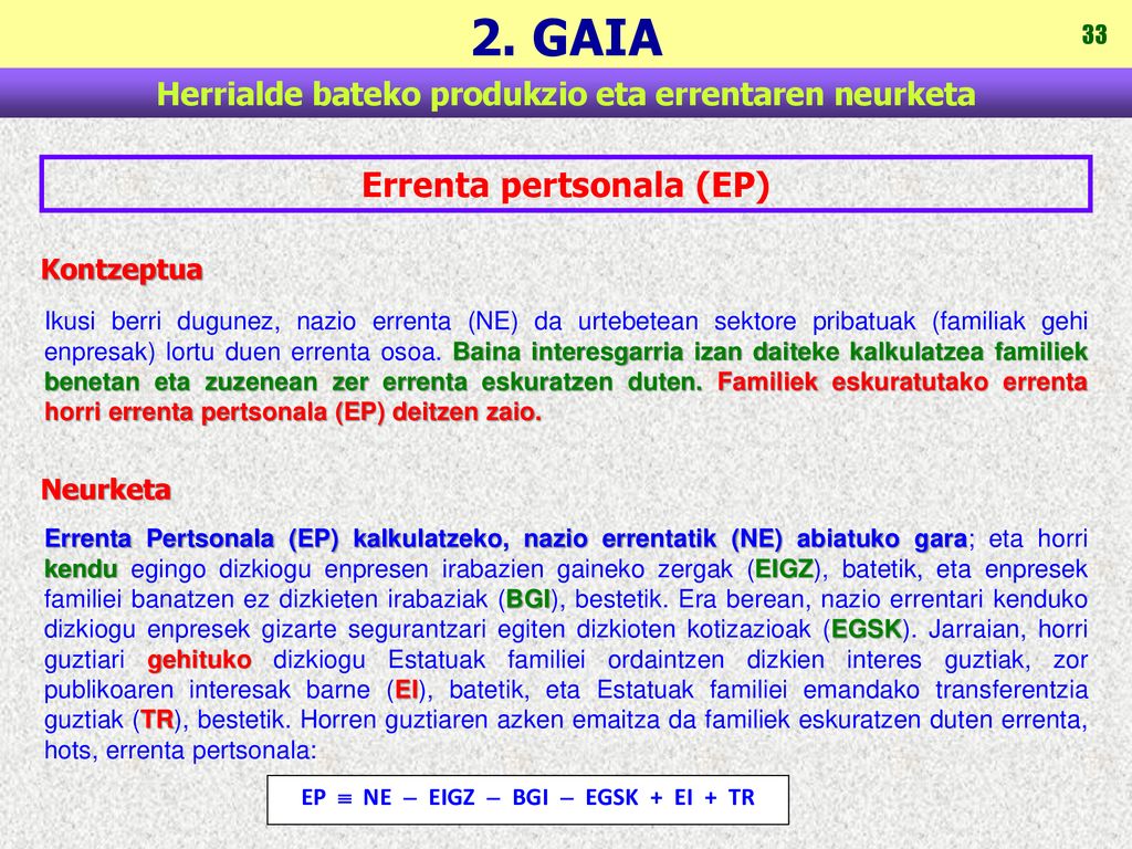 Errenta pertsonala (EP) EP  NE  EIGZ  BGI  EGSK + EI + TR