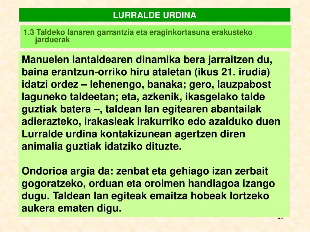 LURRALDE URDINA 1.3 Taldeko lanaren garrantzia eta eraginkortasuna erakusteko jarduerak.