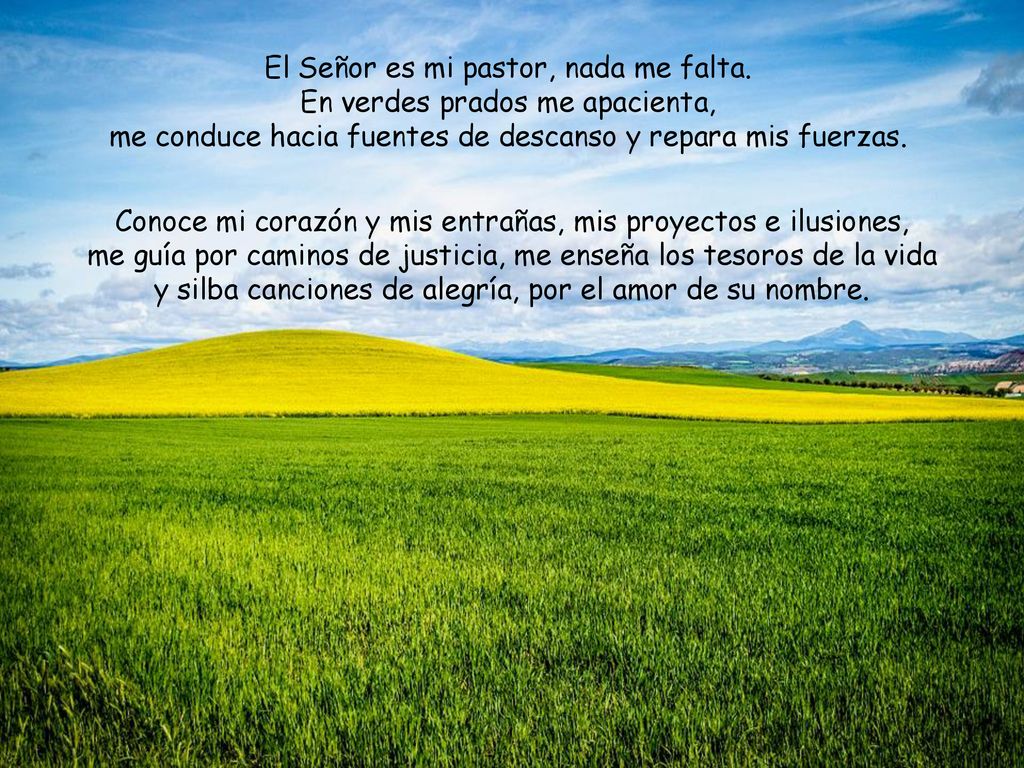 El Señor es mi pastor, nada me falta. En verdes prados me apacienta,