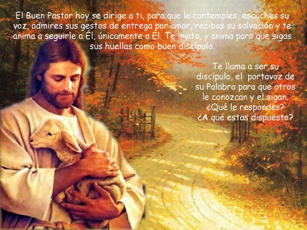 El Buen Pastor hoy se dirige a ti, para que le contemples, escuches su voz, admires sus gestos de entrega por amor, recibas su salvación y te anima a seguirle a Él, únicamente a Él. Te invita, y anima para que sigas sus huellas como buen discípulo.