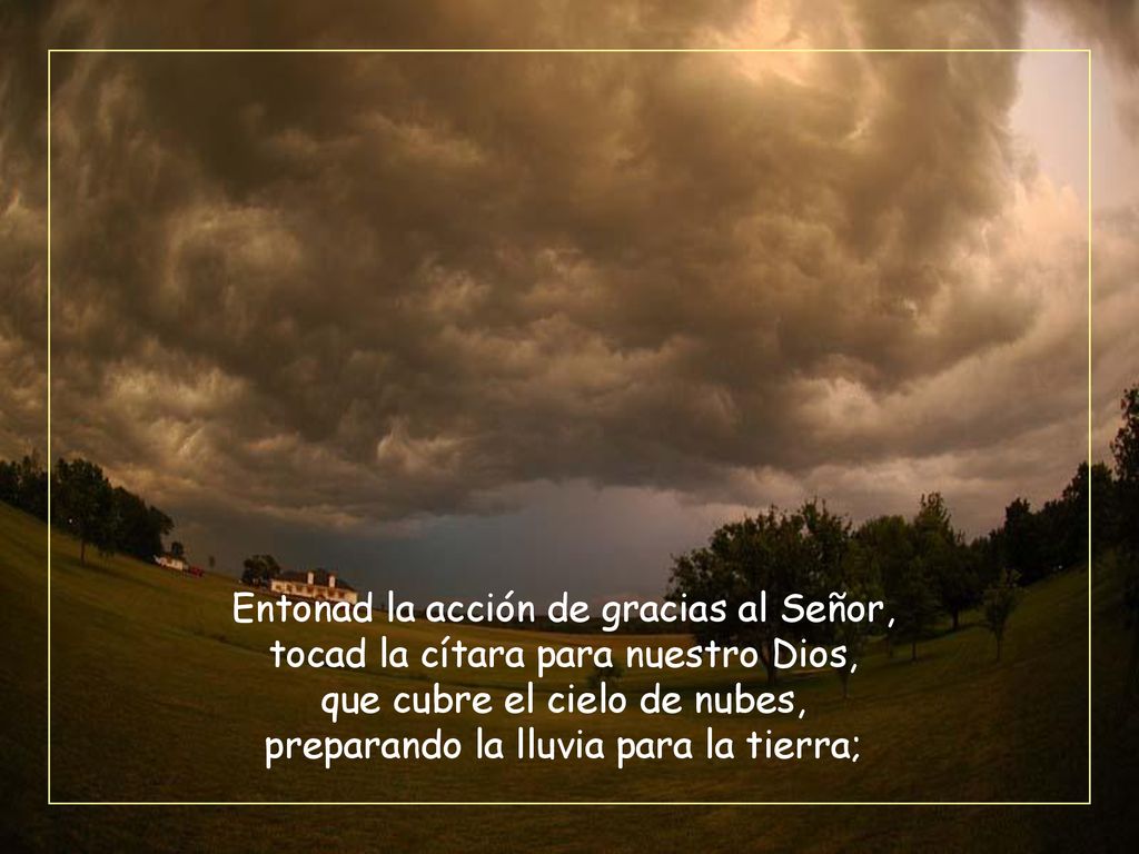 Entonad la acción de gracias al Señor, tocad la cítara para nuestro Dios, que cubre el cielo de nubes, preparando la lluvia para la tierra;