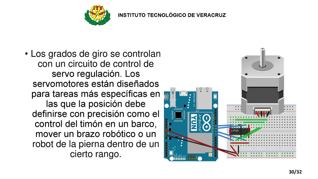 Los grados de giro se controlan con un circuito de control de servo regulación. Los servomotores están diseñados para tareas más específicas en las que la posición debe definirse con precisión como el control del timón en un barco, mover un brazo robótico o un robot de la pierna dentro de un cierto rango.
