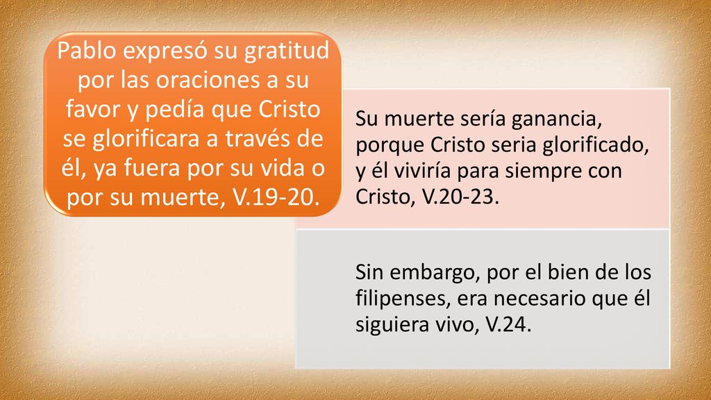 Su muerte sería ganancia, porque Cristo seria glorificado, y él viviría para siempre con Cristo, V