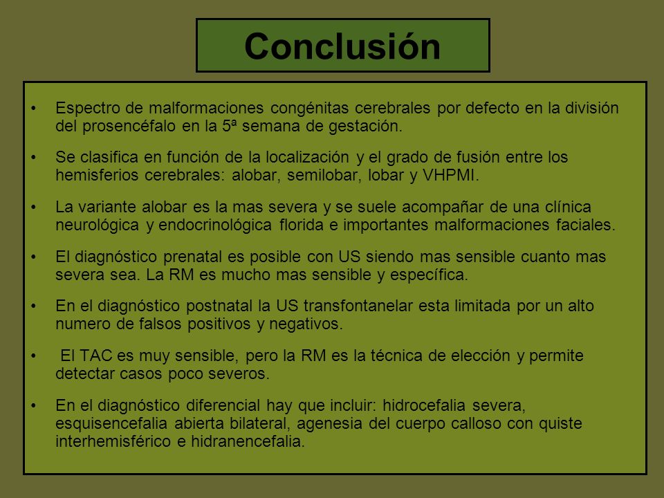 Conclusión Espectro de malformaciones congénitas cerebrales por defecto en la división del prosencéfalo en la 5ª semana de gestación.