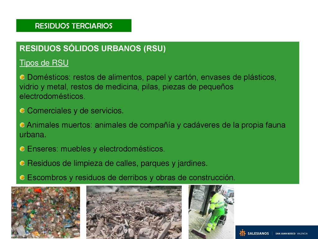 RESIDUOS TERCIARIOS RESIDUOS SÓLIDOS URBANOS (RSU) Tipos de RSU.
