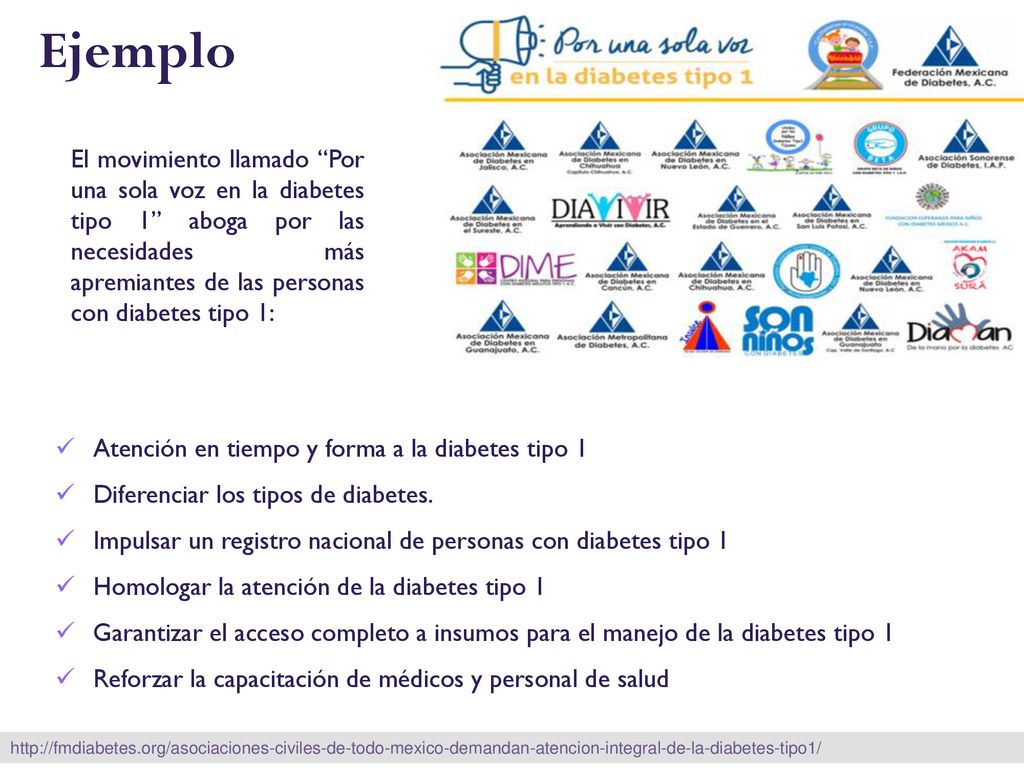 Ejemplo El movimiento llamado Por una sola voz en la diabetes tipo 1 aboga por las necesidades más apremiantes de las personas con diabetes tipo 1: