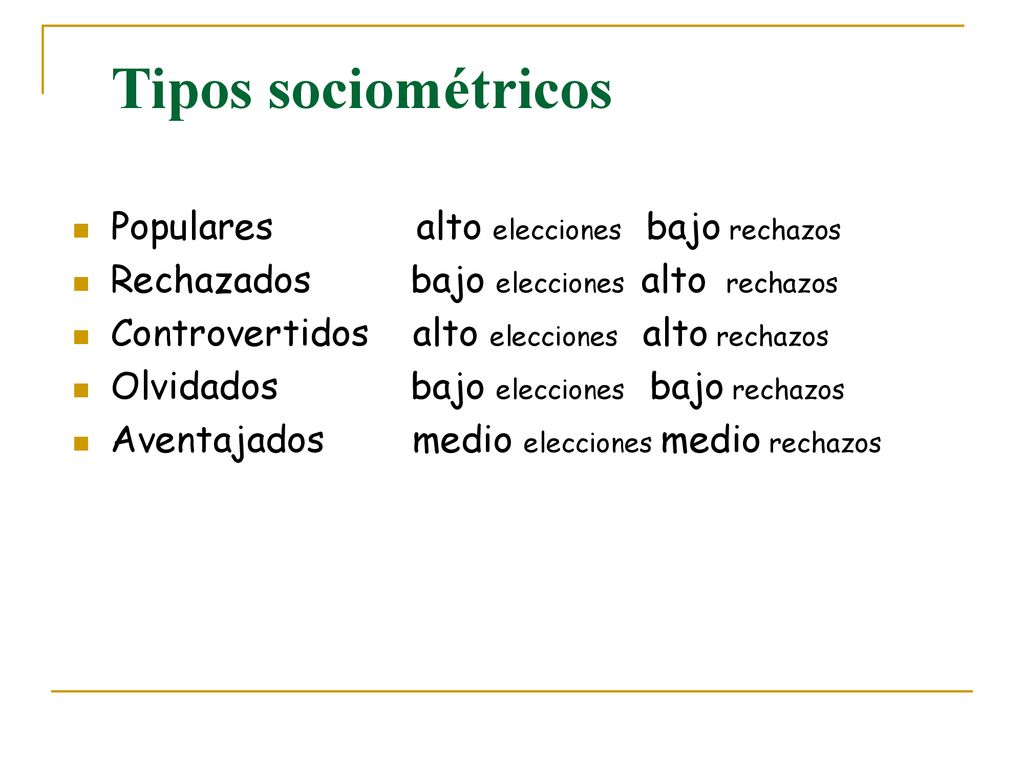 Tipos sociométricos Populares alto elecciones bajo rechazos