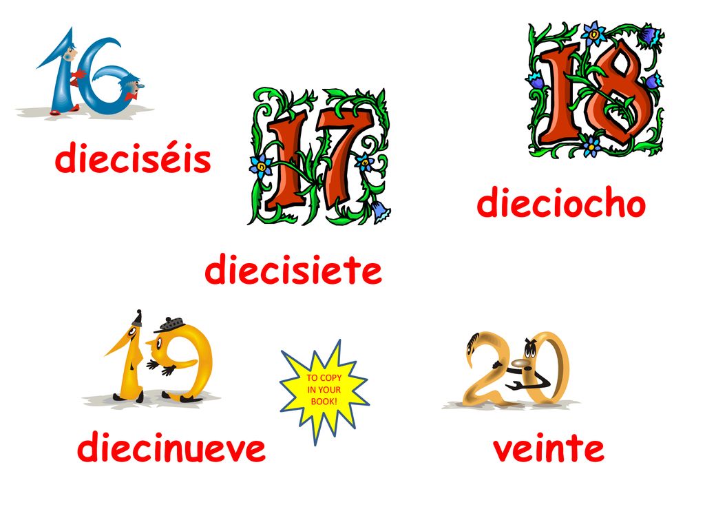 dieciséis dieciocho diecisiete TO COPY IN YOUR BOOK! diecinueve veinte