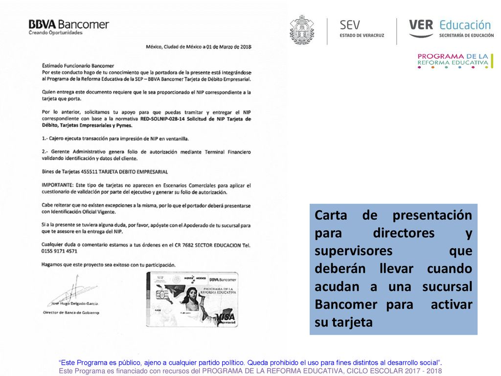 Carta de presentación para directores y supervisores que deberán llevar cuando acudan a una sucursal Bancomer para activar su tarjeta