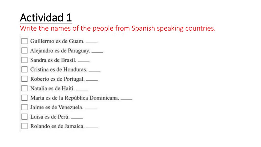 Actividad 1 Write the names of the people from Spanish speaking countries.
