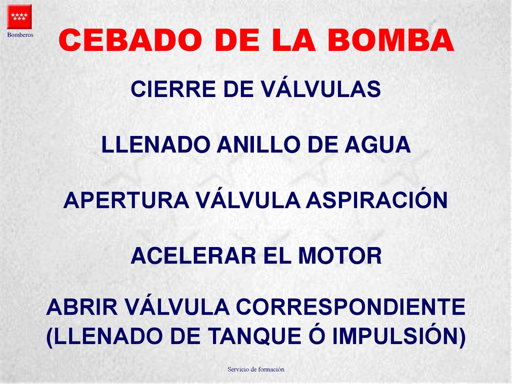 CEBADO DE LA BOMBA CIERRE DE VÁLVULAS LLENADO ANILLO DE AGUA