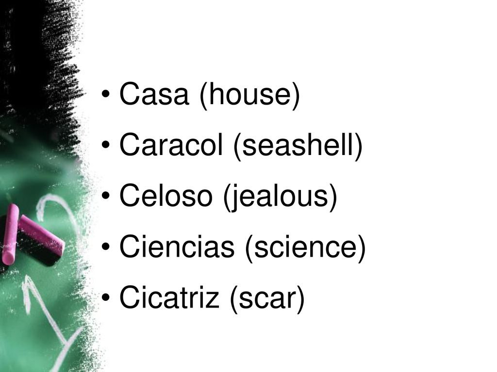 Casa (house) Caracol (seashell) Celoso (jealous) Ciencias (science) Cicatriz (scar)