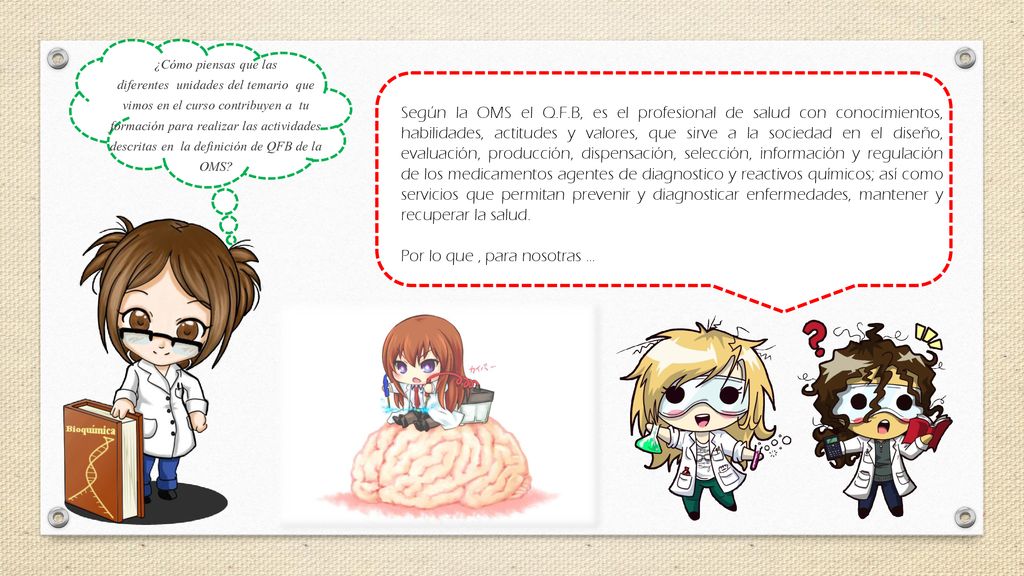 ¿Cómo piensas que las diferentes unidades del temario que vimos en el curso contribuyen a tu formación para realizar las actividades descritas en la definición de QFB de la OMS