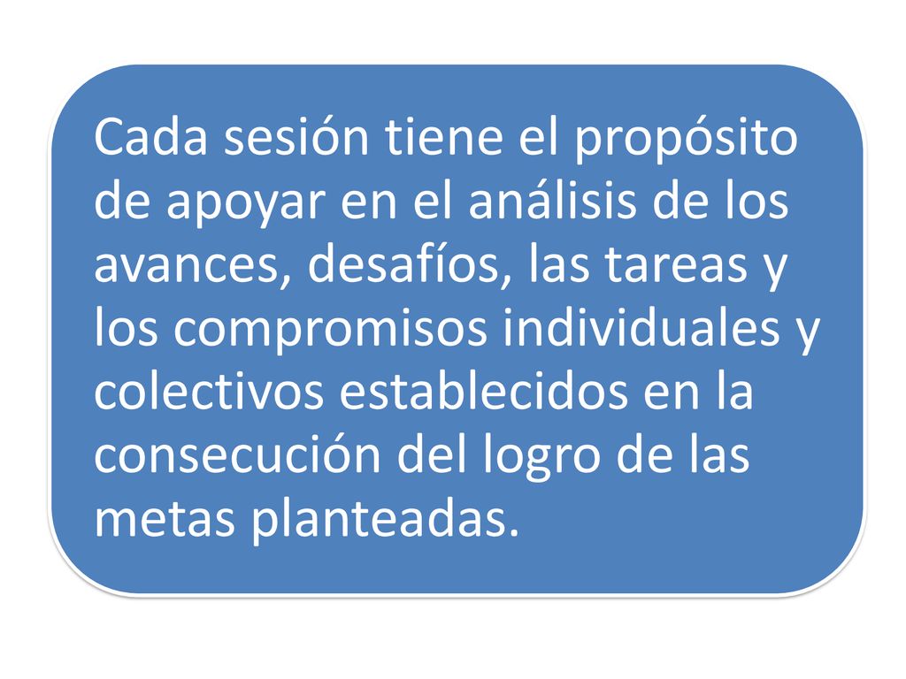 Cada sesión tiene el propósito de apoyar en el análisis de los avances, desafíos, las tareas y los compromisos individuales y colectivos establecidos en la consecución del logro de las metas planteadas.