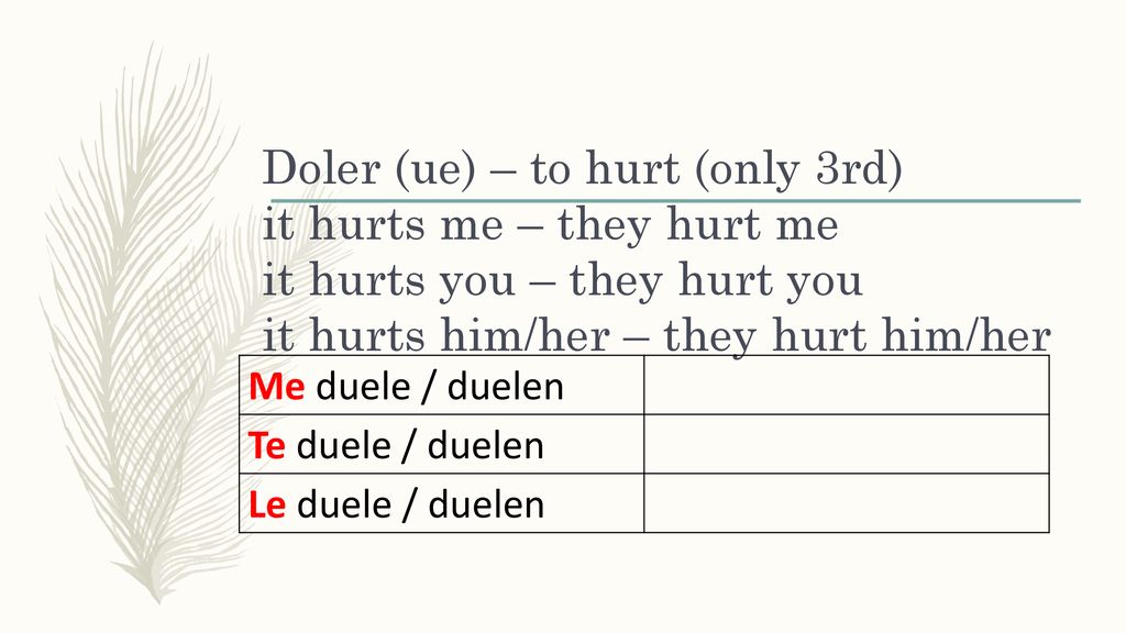 Doler (ue) – to hurt (only 3rd) it hurts me – they hurt me it hurts you – they hurt you it hurts him/her – they hurt him/her