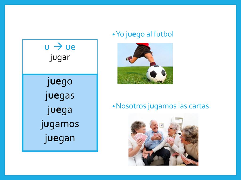 juego juegas juega jugamos juegan u  ue jugar Yo juego al futbol