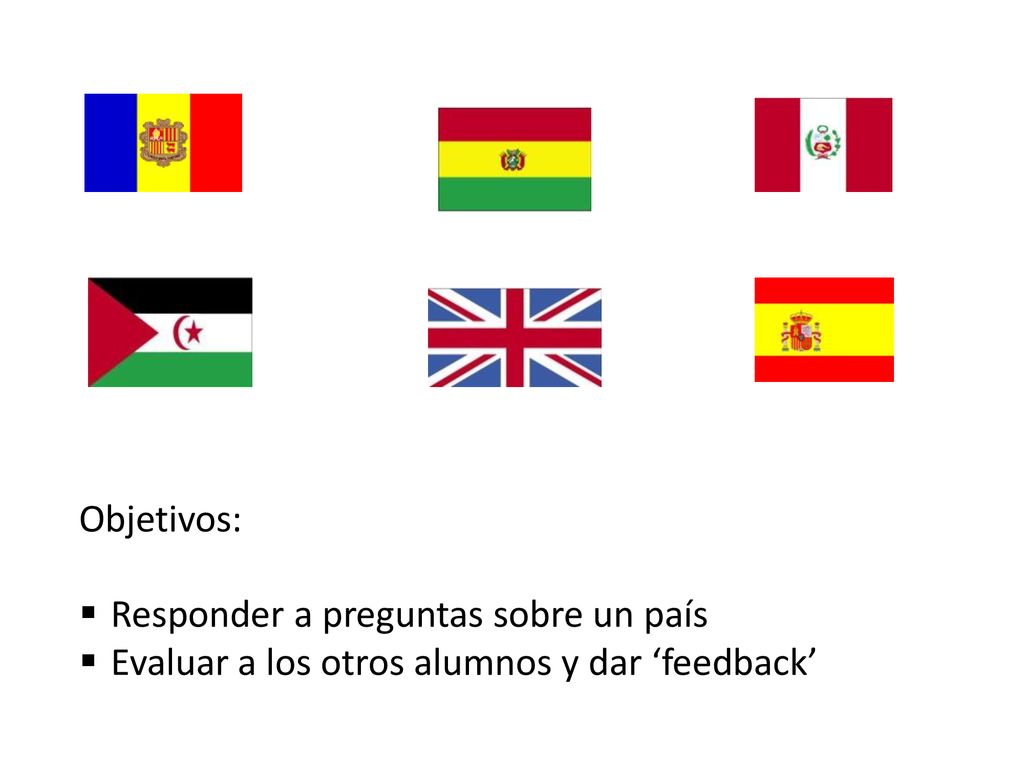 Objetivos: Responder a preguntas sobre un país Evaluar a los otros alumnos y dar ‘feedback’