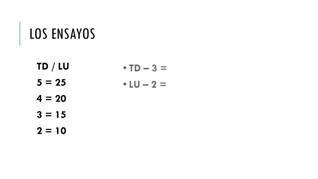 Los ensayos TD / LU 5 = 25 4 = 20 3 = 15 2 = 10 TD – 3 = LU – 2 =