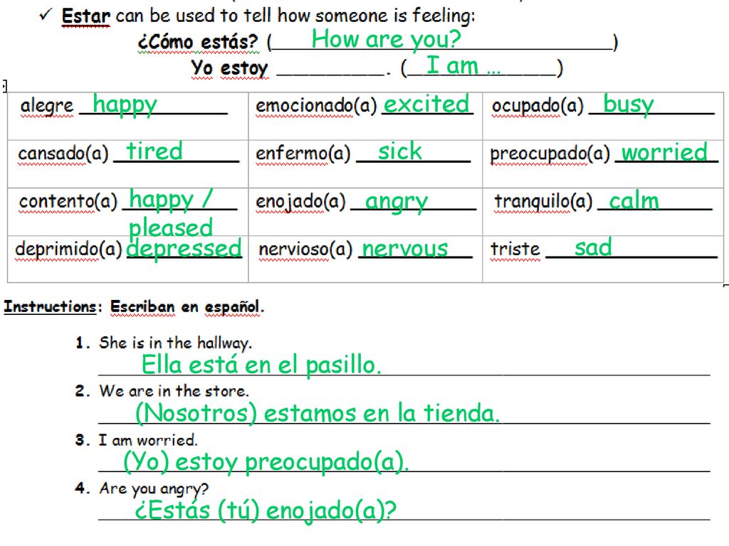 How are you I am … happy. excited. busy. tired. sick. worried. happy / pleased. angry. calm.