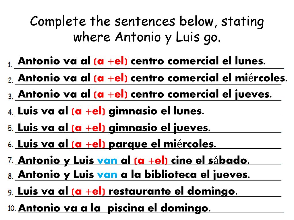 Complete the sentences below, stating where Antonio y Luis go.