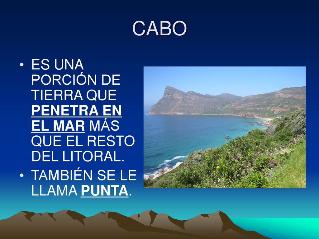 CABO ES UNA PORCIÓN DE TIERRA QUE PENETRA EN EL MAR MÁS QUE EL RESTO DEL LITORAL.