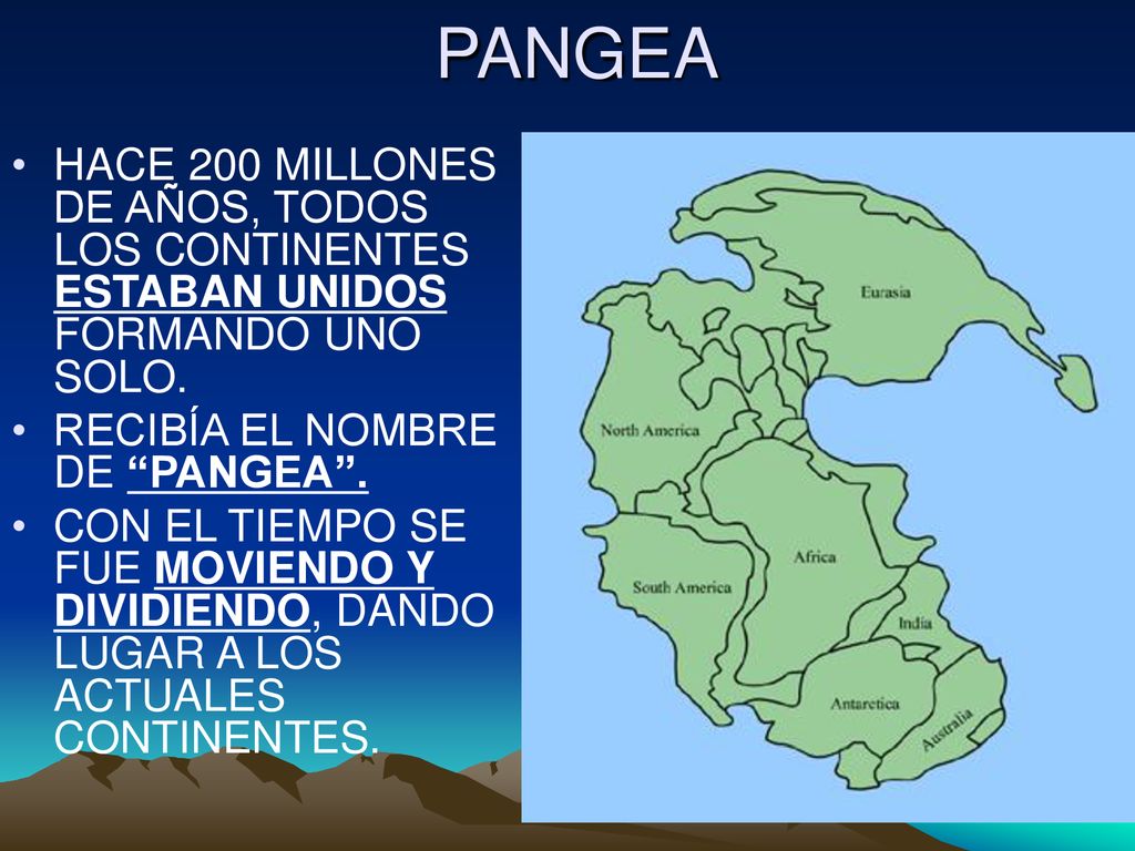 PANGEA HACE 200 MILLONES DE AÑOS, TODOS LOS CONTINENTES ESTABAN UNIDOS FORMANDO UNO SOLO. RECIBÍA EL NOMBRE DE PANGEA .