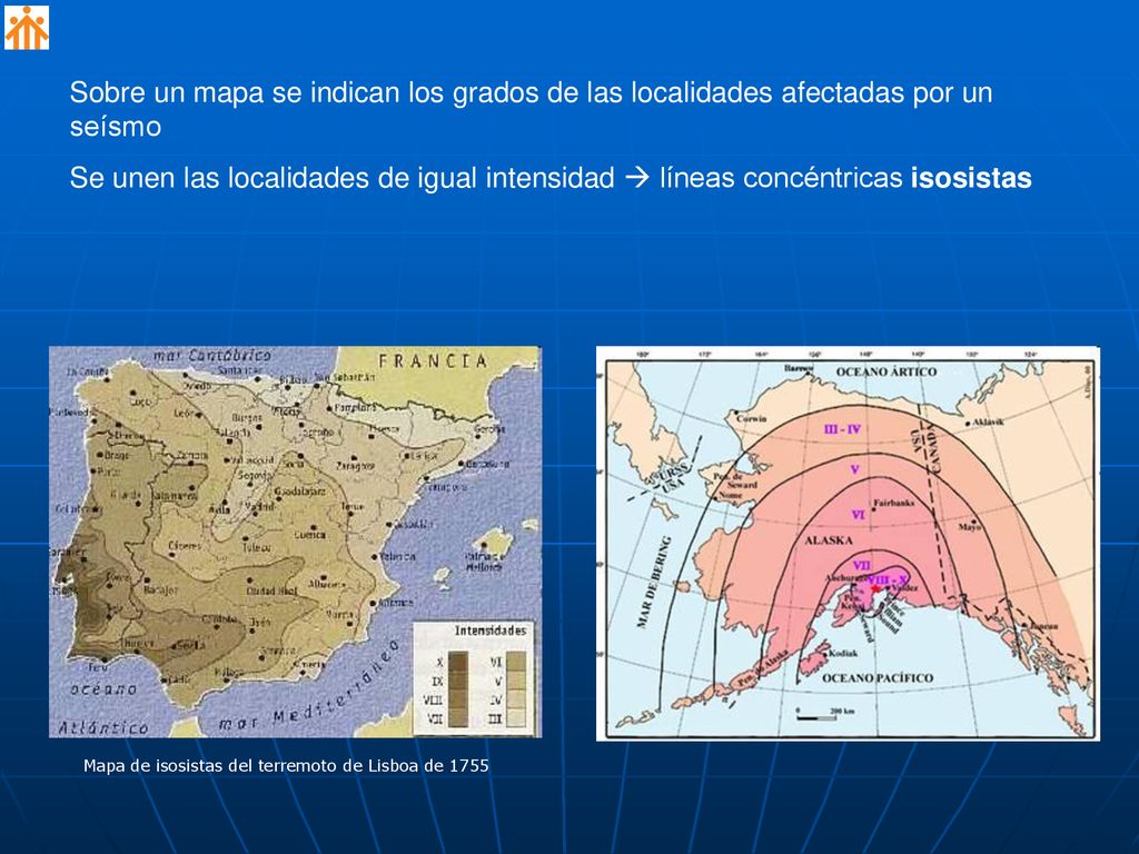 Sobre un mapa se indican los grados de las localidades afectadas por un seísmo